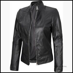 Lambskin Leather Jacket Women Cafe Racer Long Sleeve Band Collar